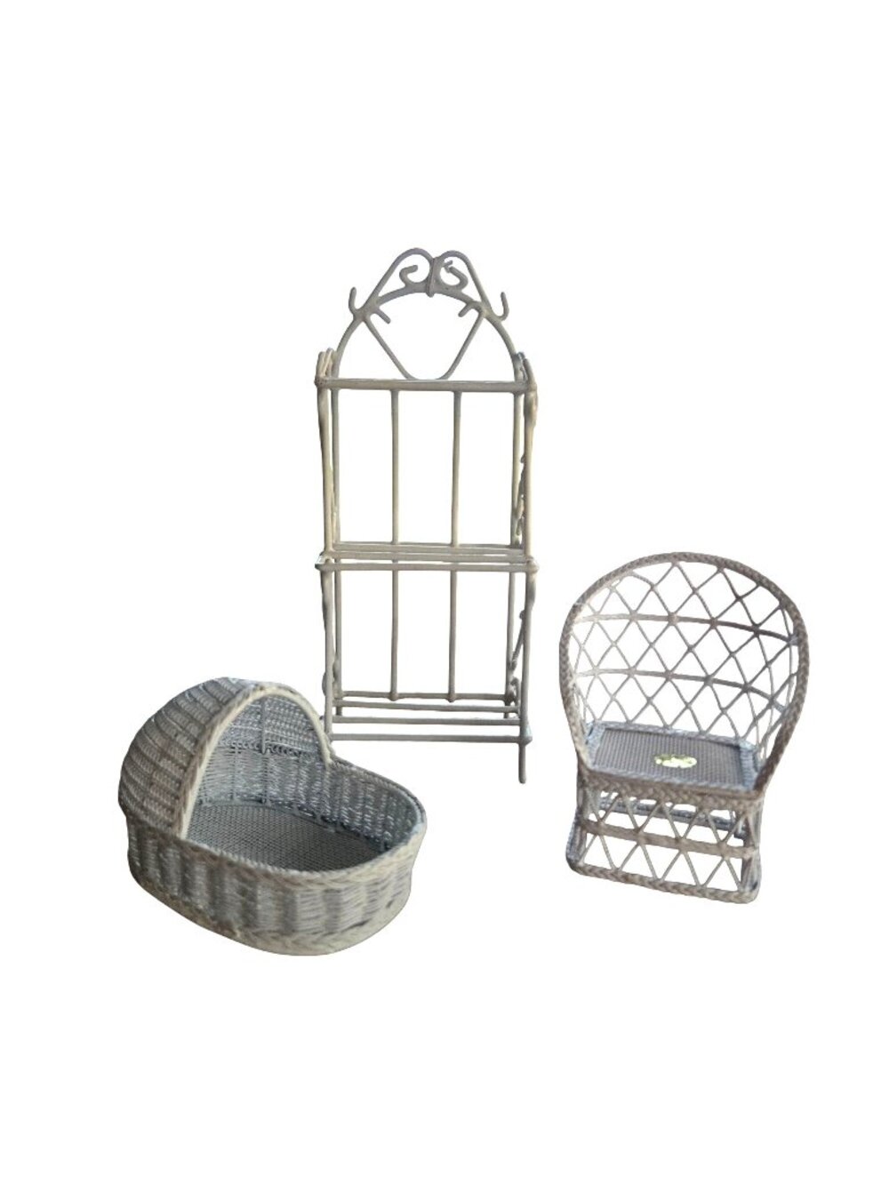 Miniature Metal White Wicker Cradle Chair Etagere Dollhouse Furniture 1:12 Scale